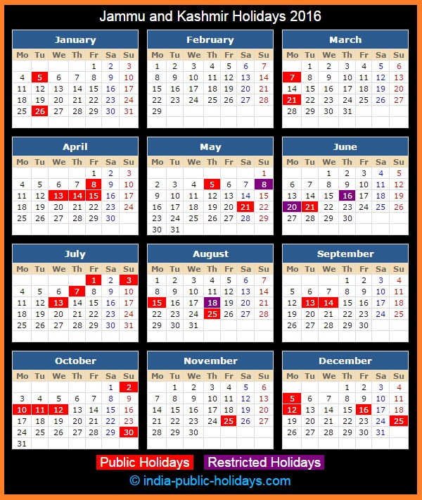 Jammu and Kashmir Holiday Calendar 2016